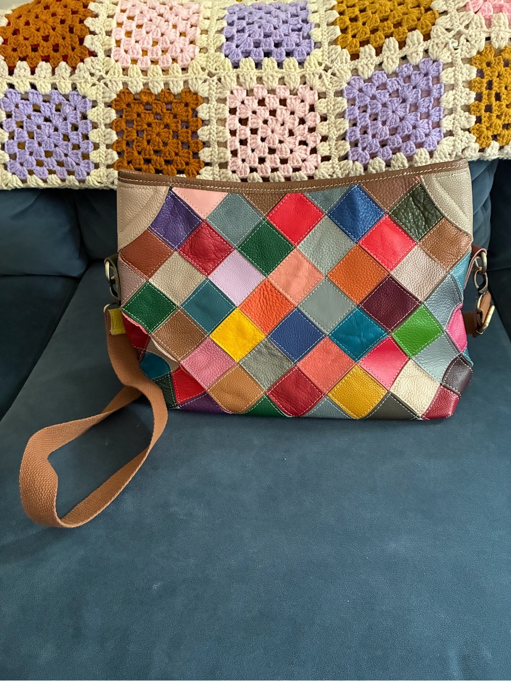 Patchwork Leather Crossbody Bag Multicolor Heshe Vintage Colorful Fun